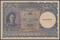 Government of Ceylon, specimen 10 Rupees, 1 February 1941, serial number O/00 000000, red SPECIMEN overprint in...