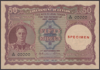 Government of Ceylon, specimen 50 Rupees, 1 September 1941, serial number O/00 00000, red SPECIMEN overprint in...
