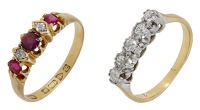 Two early 20th century five stone rings, comprising an 18ct gold ruby and diamond ring, Chester hallmark, together...