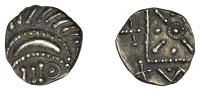 Early Anglo-Saxon Period, Sceatta, Continental series E, porcupine-like figure enclosing three bars and a...