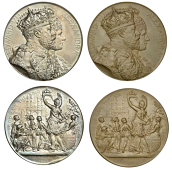 Edward VII, Coronation, 1902, medals (2) by F. Bowcher for Spink, in silver and bronze, conjoined busts right, rev....