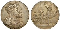 Edward VII, Coronation, 1902, a large bronze medal by F. Bowcher for Spink, conjoined busts right, rev. Britannia...