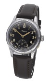 Minerva. A chrome plated and steel wristwatch, circa 1940.
Movement: manual winding.
Dial: black,  Arabic...
