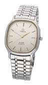 Omega. A stainless steel oval wristwatch with bracelet, Ref. ST.195.0013, De Ville, circa 1982.
Movement: cal....