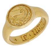 A unicorn gold seal ring, 15th - 16th century, the heavy ring with round bezel intaglio carved with a unicorn...