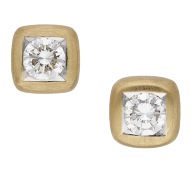 A pair of diamond ear studs, each brilliant-cut diamond in a bicoloured square-shaped mount with brushed satin...