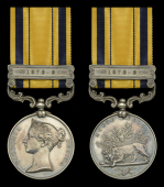 The South Africa 1877-79 medal awarded to Private W. Flyfield, 80th Regiment of Foot, who was killed in action at...