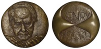 ENGLAND, Henry Moore, 1996, a cast bronze medal by Avril Vaughan, bust facing, hands in lower foreground, rev....