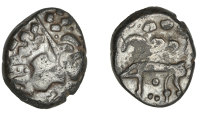 British Iron Age, ICENI, Uninscribed issues, base gold Stater, British J [Norfolk Wolf type], degraded head of...
