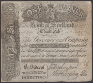 Bank of Scotland, a forgery of a 1 Guinea, ND (1818-26), serial number 594/84, with forged Congreve, annotation on...