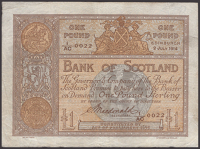 Bank of Scotland, £1, 2 July 1914, serial number 1/AC 0022, Macdonald signature, free from any graffiti or...