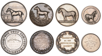 Compton Stud Company, a silver award medal by J.A. Restall, stallion standing left in stables, rev. named (1894...