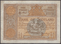 Bank of Scotland, £1, 20 June 1919, serial number 85/AJ 1841, Macdonald signature, original very fine 
PMS BA 89d,...