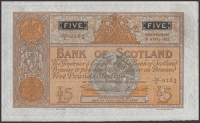 Bank of Scotland, £5, 18 April 1932, serial number 18/L 0163, Elphinstone and Scott signatures, pinholes, pressed...
