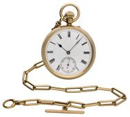 W. G. Bevan, Liverpool, A gold open-faced keyless watch together with a gold Albert chain, 1899.
Movement: gilded...