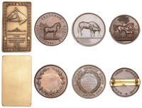 Exmouth Cart Horse Parade, a bronze medal by A. Fenwick, mare and foal standing in paddock, stables behind, rev....