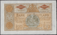 Bank of Scotland, £20, 26 January 1951, serial number 8/I 2277, completely original with visible embossing, a...