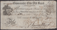 Gloucester City Old Bank, for James Wood, £5, 25 January 1834, serial number 1783H, Wood signature, ink crosses and...