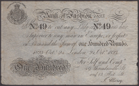 Bank of Fashion, J. Money, 49 Threadneedle St and 13 Fleet St, London, a skit note for £100, dated 24 October 1823,...