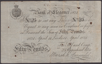 Bank of Elegance, Marsh & Aurendel, 25 Upperhead Row, Leeds, a skit note for £50, dated 11 April 1824, promising to...
