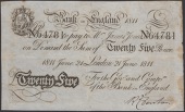 Fleet Bank in England, 25 Pence, 21 June 1811, serial number 64781, signature of R. Denton, some toning and small...