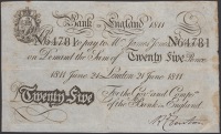 Fleet Bank in England, 25 Pence, 21 June 1811, serial number 64781, signature of R. Denton, some toning and small...