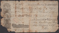 Isaacs Bank, Tamworth, 3 Pence, 9 July 1792, serial number C405, signature of I. Hare, with several engravings at...