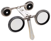 A pair of late 19th century silver mounted folding opera glasses, with two pairs of circular lenses, connected by a...