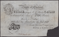 Bank of England, Matthew Marshall, a trial or proof for £5, Manchester, 24 January 1852, serial number O/D 47513,...