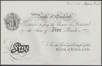 Bank of England, Matthew Marshall, a trial on plain paper for the new design of £5 note, first issued in 1854, with...