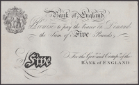 Bank of England, Matthew Marshall, a trial on plain paper for the new design of £5 note, first issued in 1854, with...
