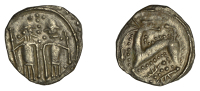 Early Anglo-Saxon Period, Sceatta, Secondary series N, type 41, two standing figures, each holding staff, the left...
