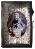 Masonic, a silver cigarette case with engine-turned decoration, obv. with central painted cameo of Edward VII in...