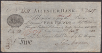 Alcester Bank, for Jno. Haynes, Richd. Bloxham & Jno. Morgan, £5, 1 January 1802, serial number 2557, signed by...