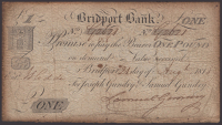 Bridport Bank, for Joseph Gundry & Samuel Gundry, £1, 21 August 1818, serial number G2621, signed by Samuel Gundry,...