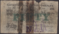 Coventry Union Banking Company, £50, 31 March 1885, serial number 900, cut cancelled and rejoined officially,...