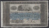 Ulster Bank Limited, £5, 1 November 1906, serial number D59538, manuscript signature of Robert Patton, pinhole,...