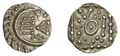 Early Anglo-Saxon Period, Sceatta, Continental series E, ‘VICO’ type, quilled crescent curved right, triangle...
