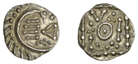 Early Anglo-Saxon Period, Sceatta, Continental series E, ‘VICO’ type, quilled crescent curved right, triangle...