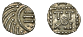 Early Anglo-Saxon Period, Sceatta, Continental series E, Secondary type, porcupine-like figure, curve of body...