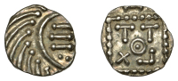 Early Anglo-Saxon Period, Sceatta, Continental series E, Secondary type, porcupine-like figure, curve of body...