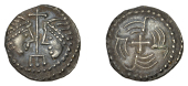 Early Anglo-Saxon Period, Sceatta, Secondary series J [York], type 37, two heads vis-à-vis, each with double-banded...