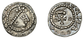 Early Anglo-Saxon Period, Sceatta, Primary series BI, head right wearing diadem with large jewel, clockwise beaded...
