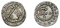 Early Anglo-Saxon Period, Sceatta, Primary series BI, head right wearing diadem with large jewel, clockwise beaded...