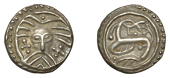 Early Anglo-Saxon Period, Sceatta, Secondary series X, Danish type B1, ‘Wodan’ head facing with radiate hair and...