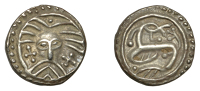 Early Anglo-Saxon Period, Sceatta, Secondary series X, Danish type B1, ‘Wodan’ head facing with radiate hair and...