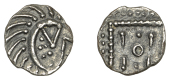 Early Anglo-Saxon Period, Sceatta, Continental series E, variety G2, porcupine-like figure with zoomorphic features...