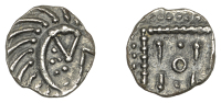 Early Anglo-Saxon Period, Sceatta, Continental series E, variety G2, porcupine-like figure with zoomorphic features...