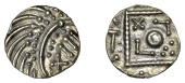 Early Anglo-Saxon Period, Sceatta, Continental series E, Secondary type, porcupine-like figure, curve of body...