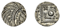 Early Anglo-Saxon Period, Sceatta, Continental series E, Secondary type, porcupine-like figure, curve of body...
